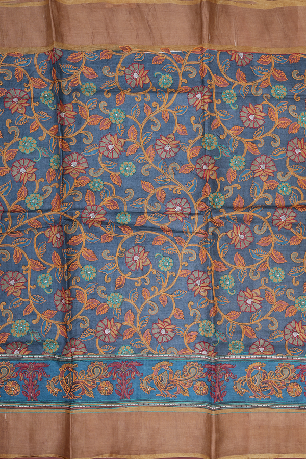 Tussar Silk Saree In Blue With Floral Embroidered Design
