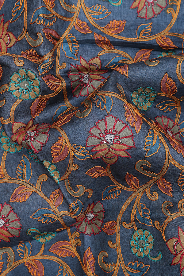 Tussar Silk Saree In Blue With Floral Embroidered Design