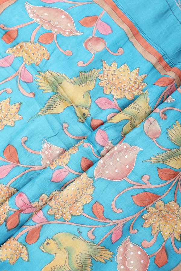Tussar Silk Saree In Blue With Mirror Buttas