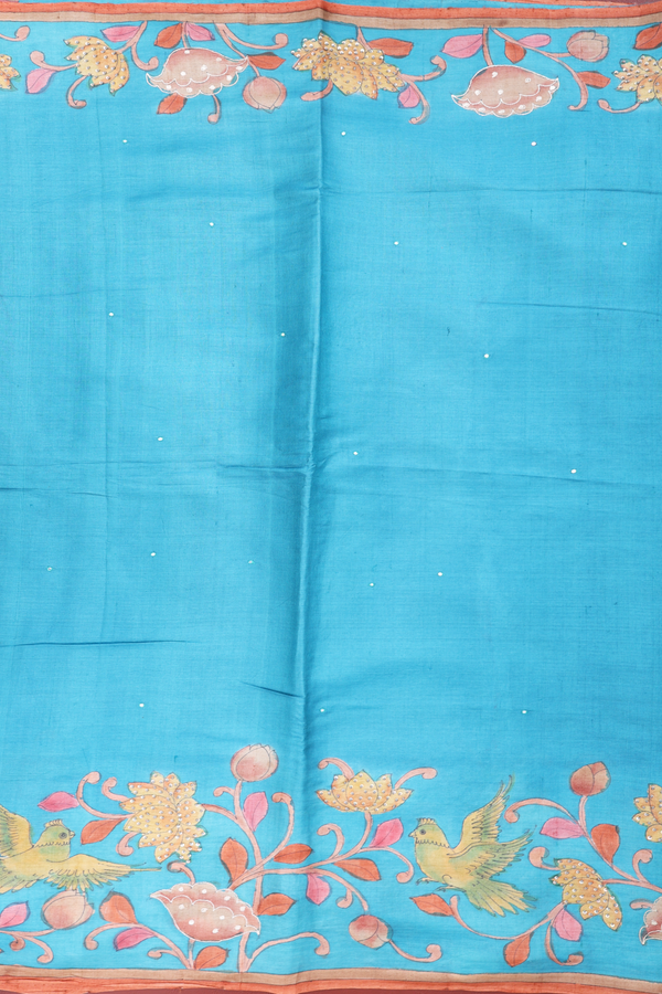 Tussar Silk Saree In Blue With Mirror Buttas
