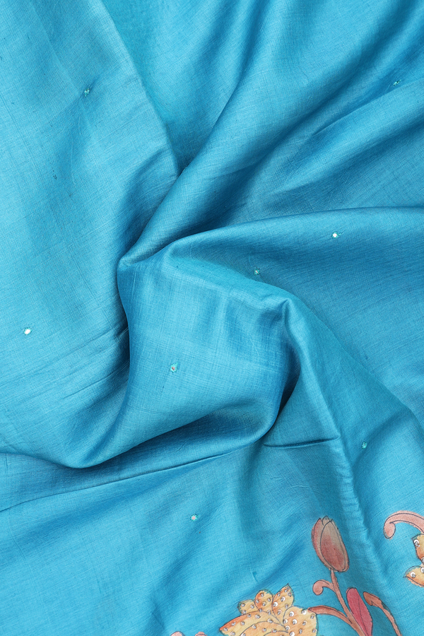 Tussar Silk Saree In Blue With Mirror Buttas