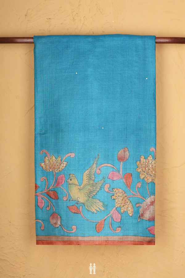 Tussar Silk Saree In Blue With Mirror Buttas