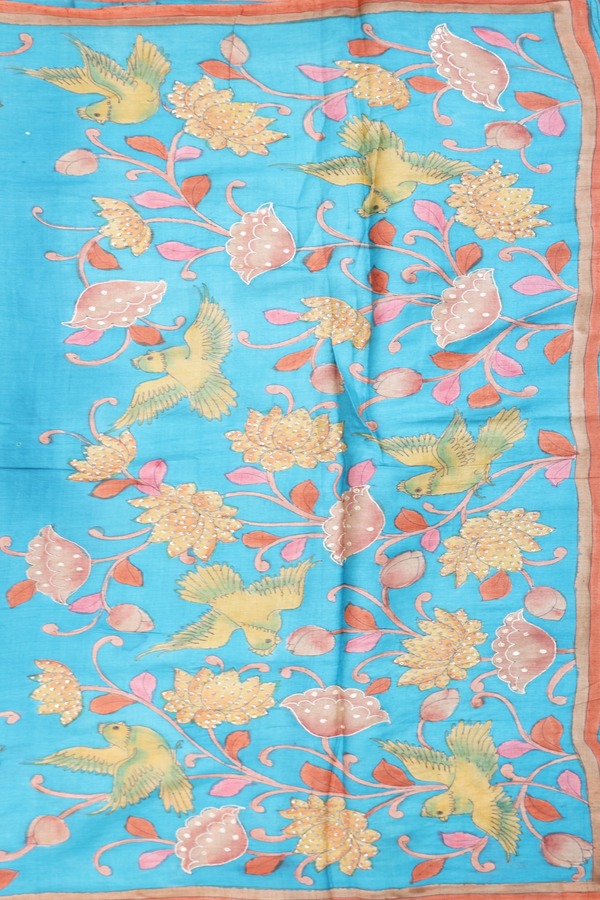 Tussar Silk Saree In Blue With Mirror Buttas