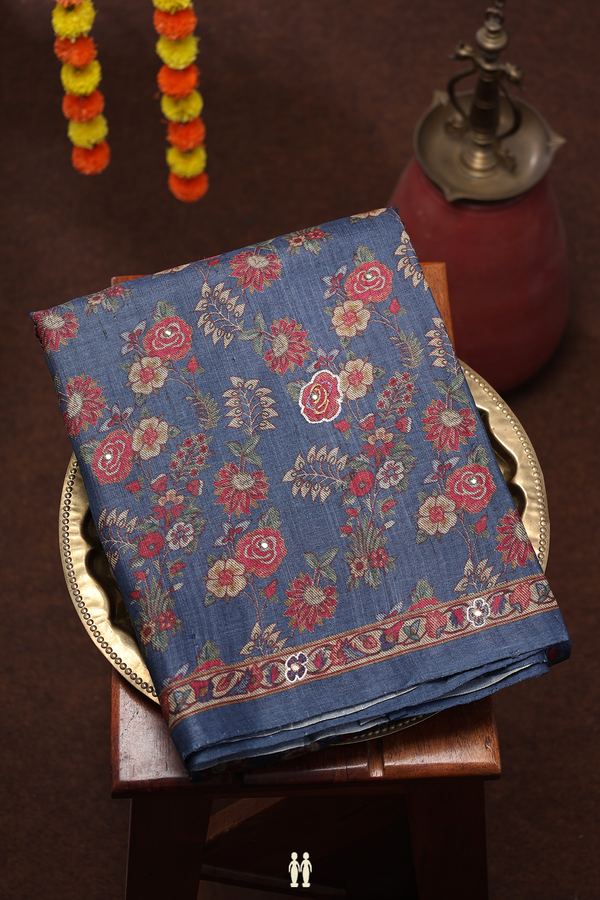 Tussar Silk Saree In Blue With Floral Design