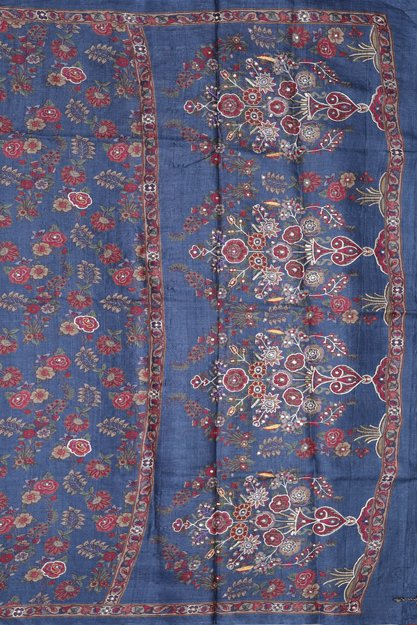 Tussar Silk Saree In Blue With Floral Design