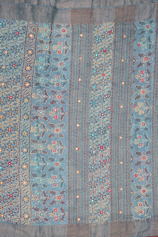 Tussar Silk Saree In Blue With Printed Design