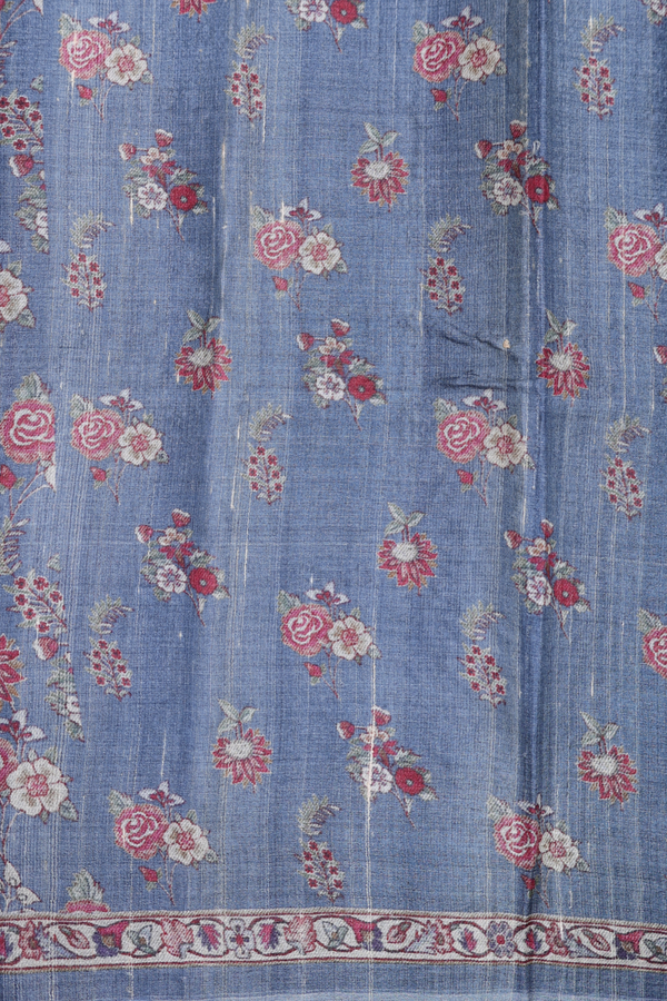 Tussar Silk Saree In Blue With Floral Design