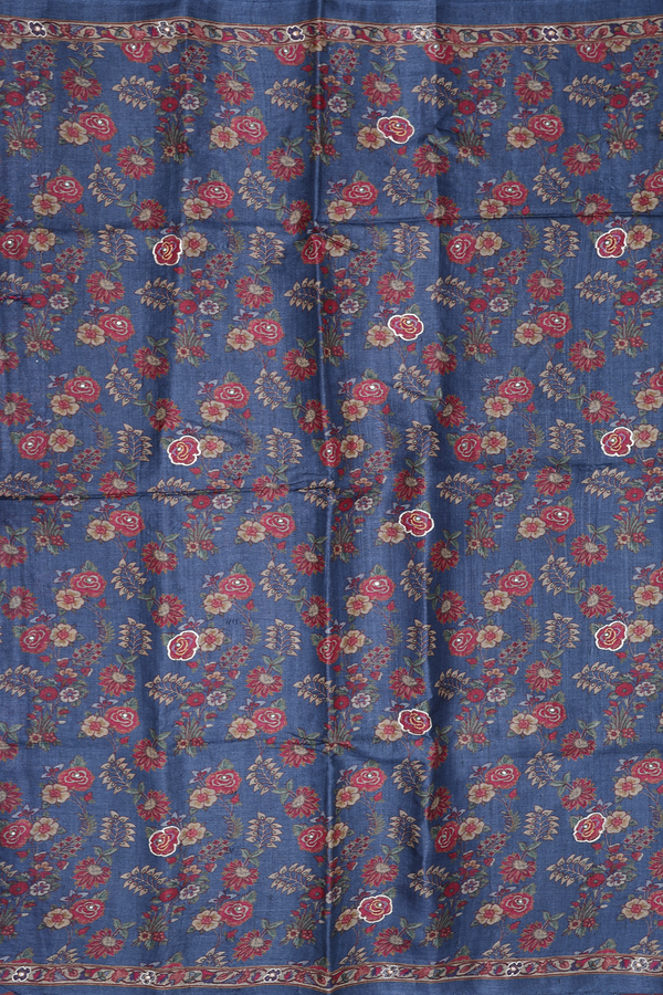 Tussar Silk Saree In Blue With Floral Design