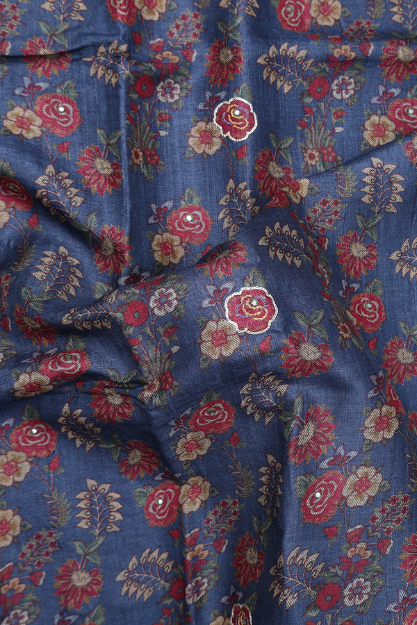 Tussar Silk Saree In Blue With Floral Design