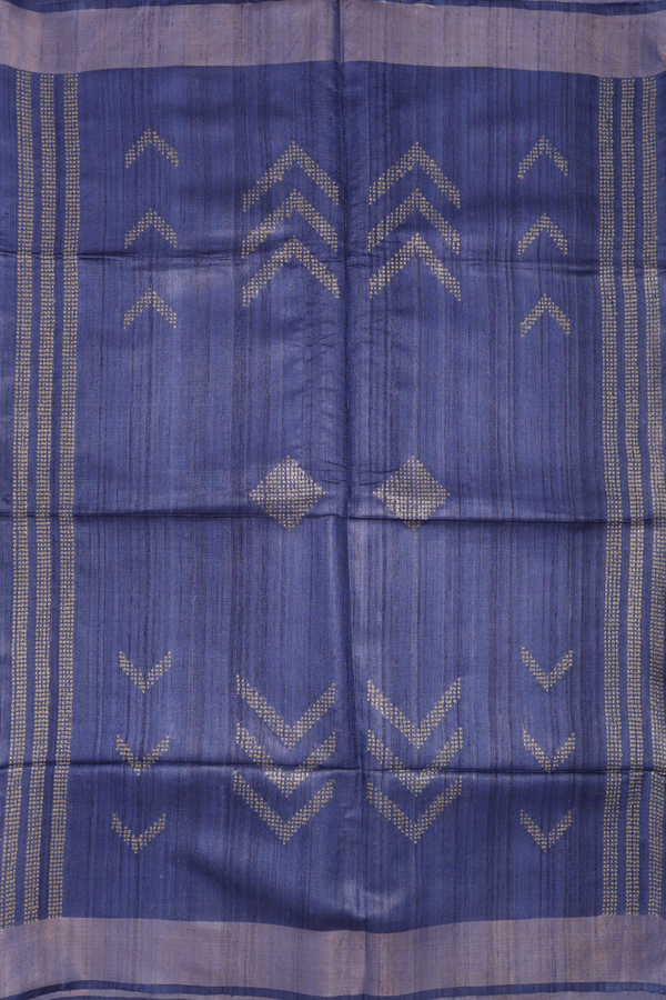 Tussar Silk Saree In Blue With Threadwork Buttas