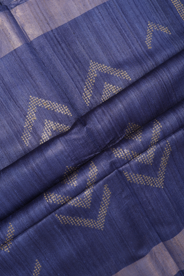 Tussar Silk Saree In Blue With Threadwork Buttas