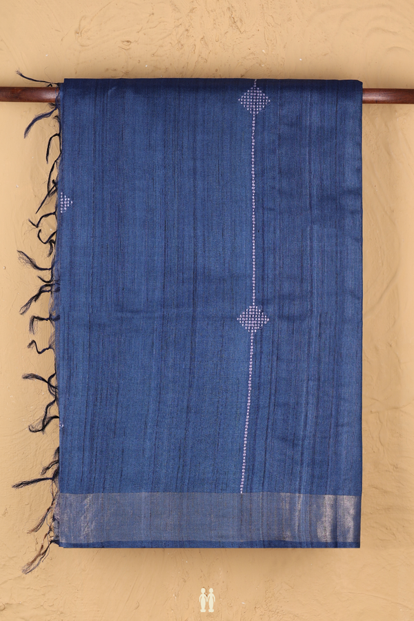 Tussar Silk Saree In Blue With Threadwork Design