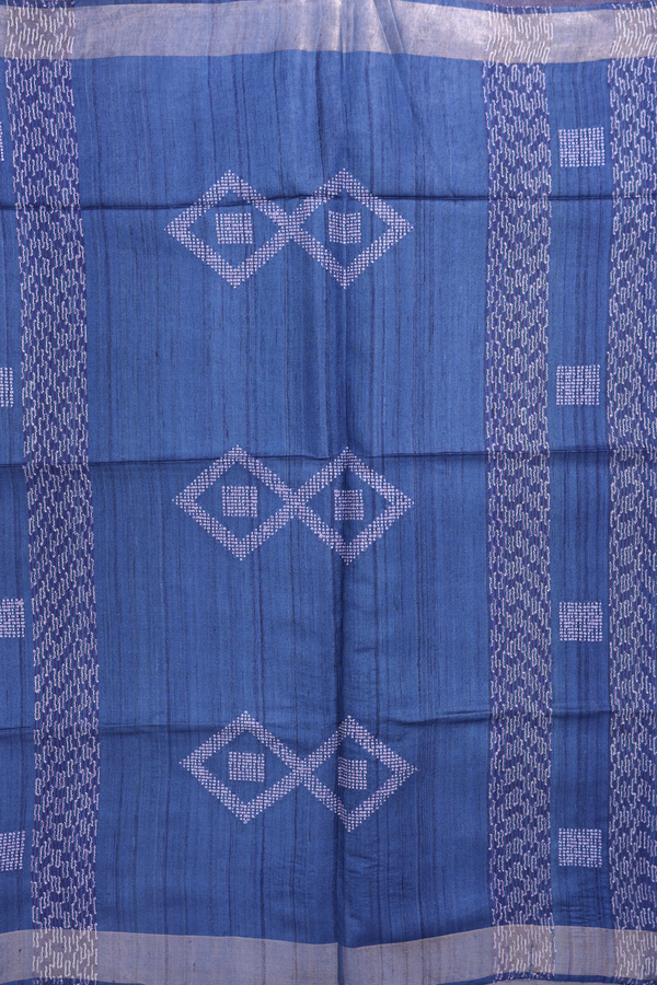 Tussar Silk Saree In Blue With Threadwork Design