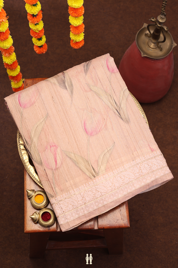 Tussar Silk Saree In Blush Pink With Floral Design