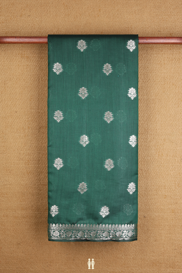 Tussar Silk Saree In Bottle Green With Floral Thread Motifs