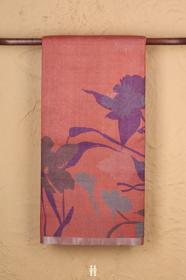 Tussar Silk Saree In Brick Red With Floral Design