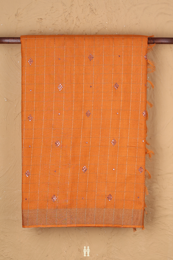 Tussar Silk Saree In Bright Orange With Checks Design