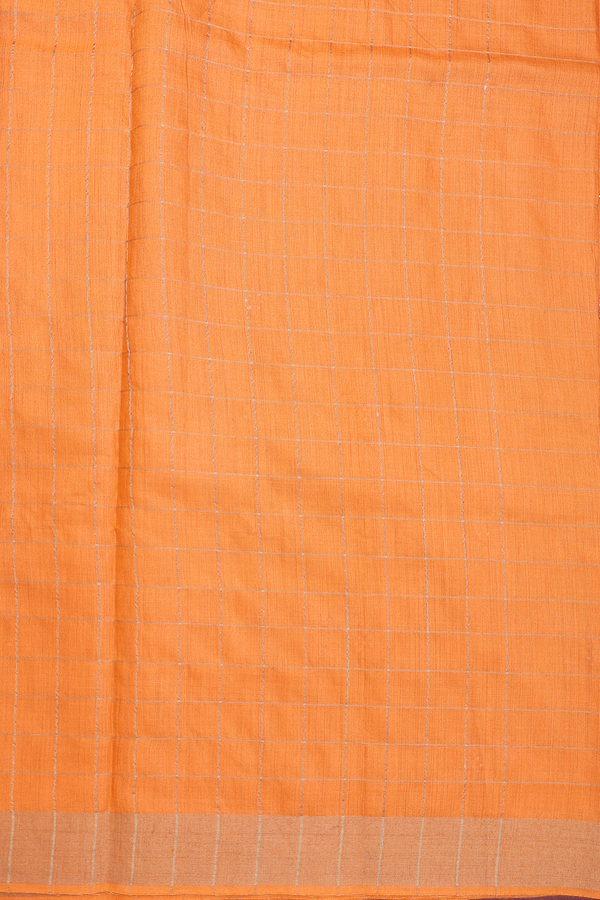 Tussar Silk Saree In Bright Orange With Checks Design