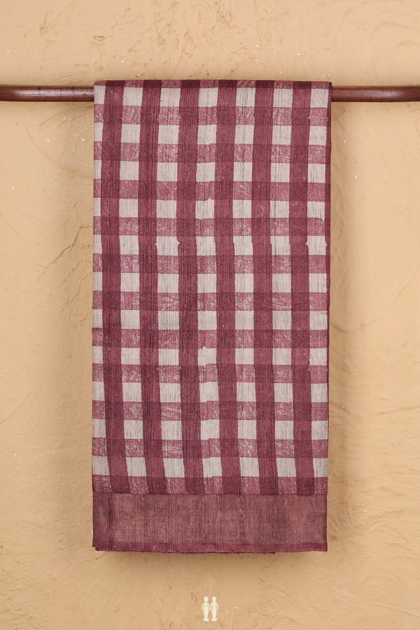 Tussar Silk Saree In Brown And Beige With Checks Design
