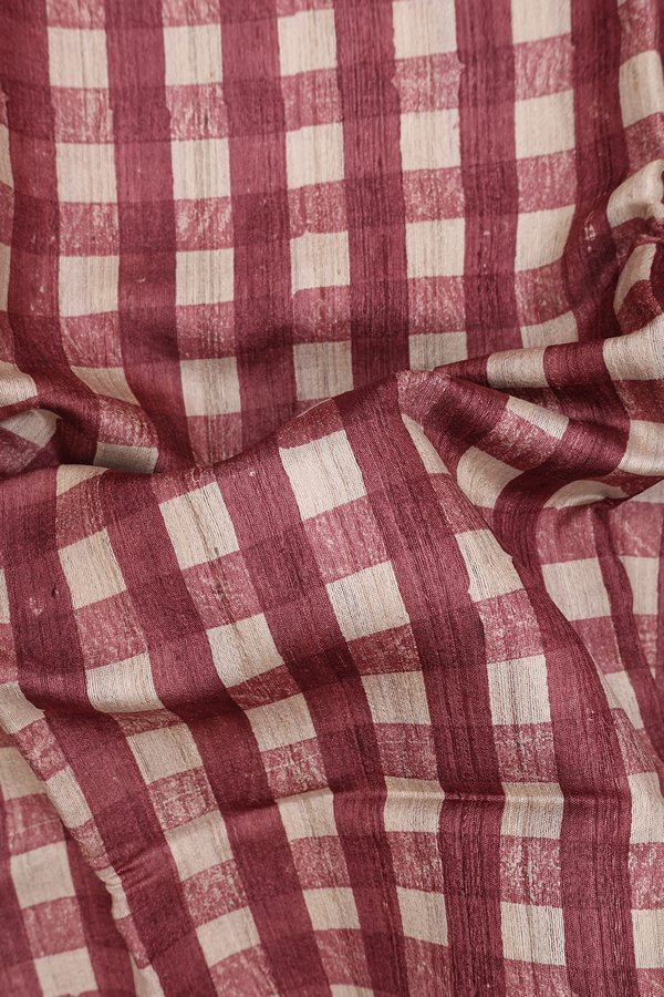 Tussar Silk Saree In Brown And Beige With Checks Design