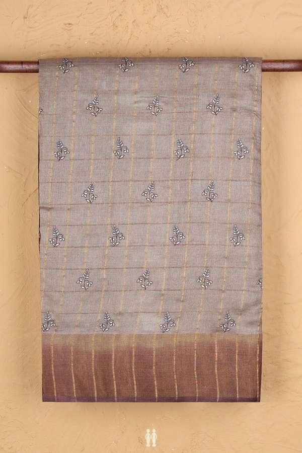 Tussar Silk Saree In Brown With Checks Design