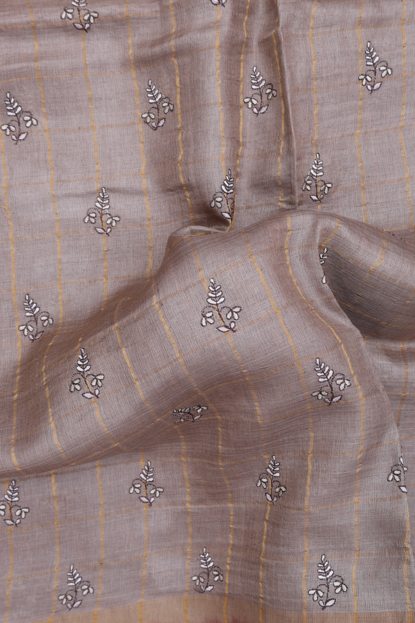 Tussar Silk Saree In Brown With Checks Design