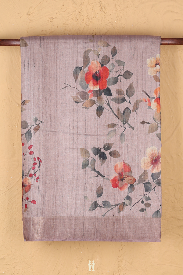 Tussar Silk Saree In Brown With Floral Design