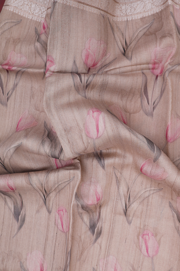 Tussar Silk Saree In Brown With Floral Printed Design