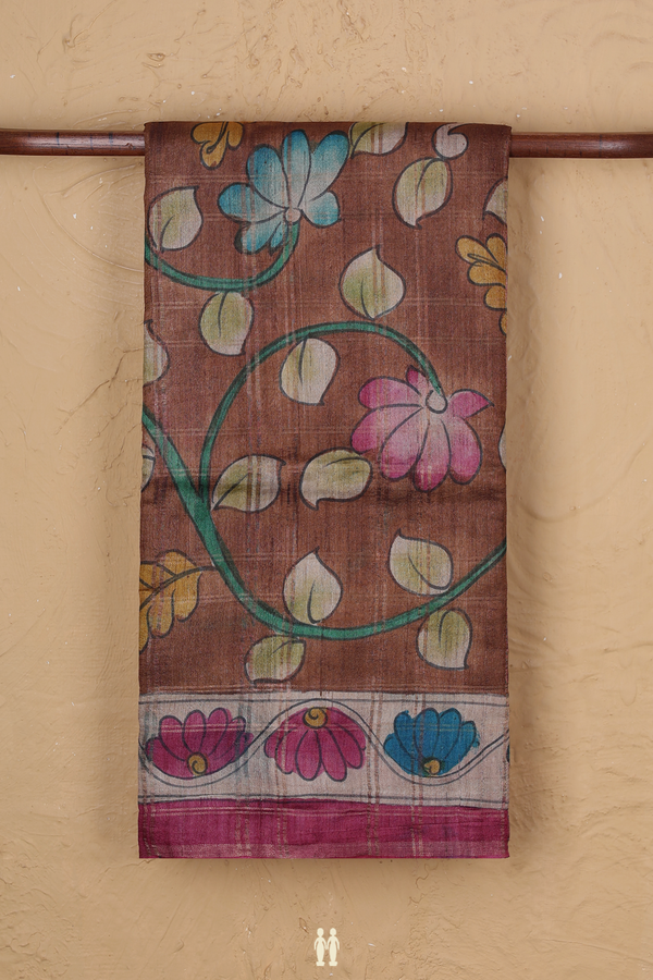 Tussar Silk Saree In Brown With Hand Painted Design