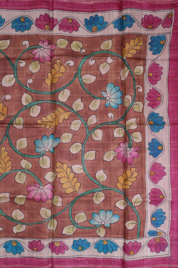 Tussar Silk Saree In Brown With Hand Painted Design