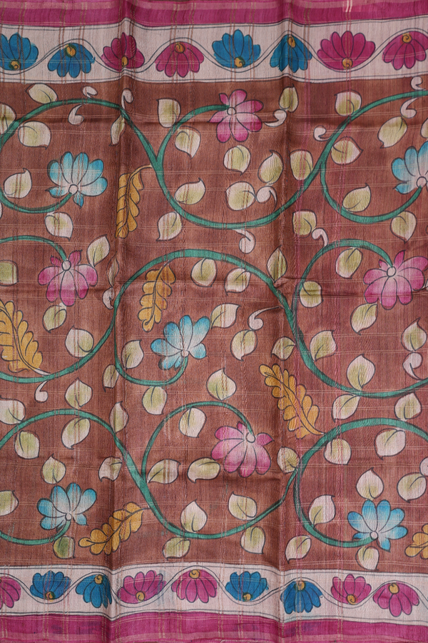 Tussar Silk Saree In Brown With Hand Painted Design