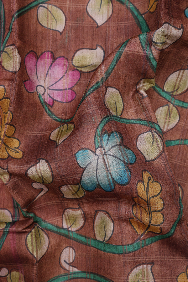 Tussar Silk Saree In Brown With Hand Painted Design