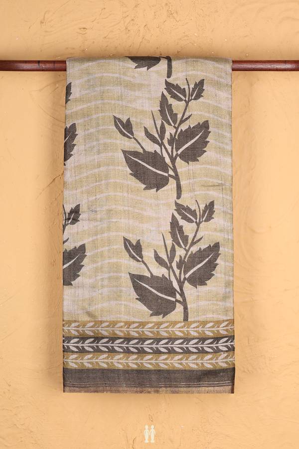 Tussar Silk Saree In Brown With Leaf Printed Design
