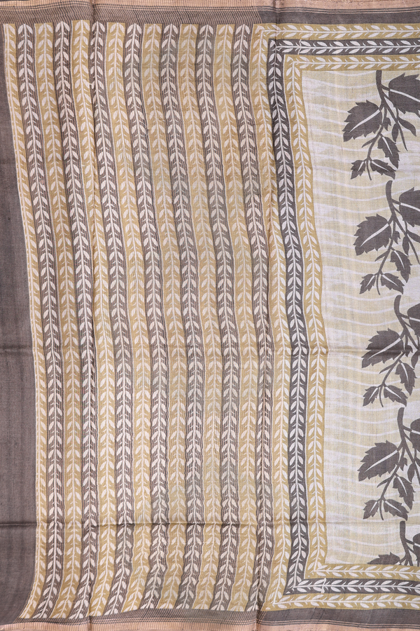 Tussar Silk Saree In Brown With Leaf Printed Design