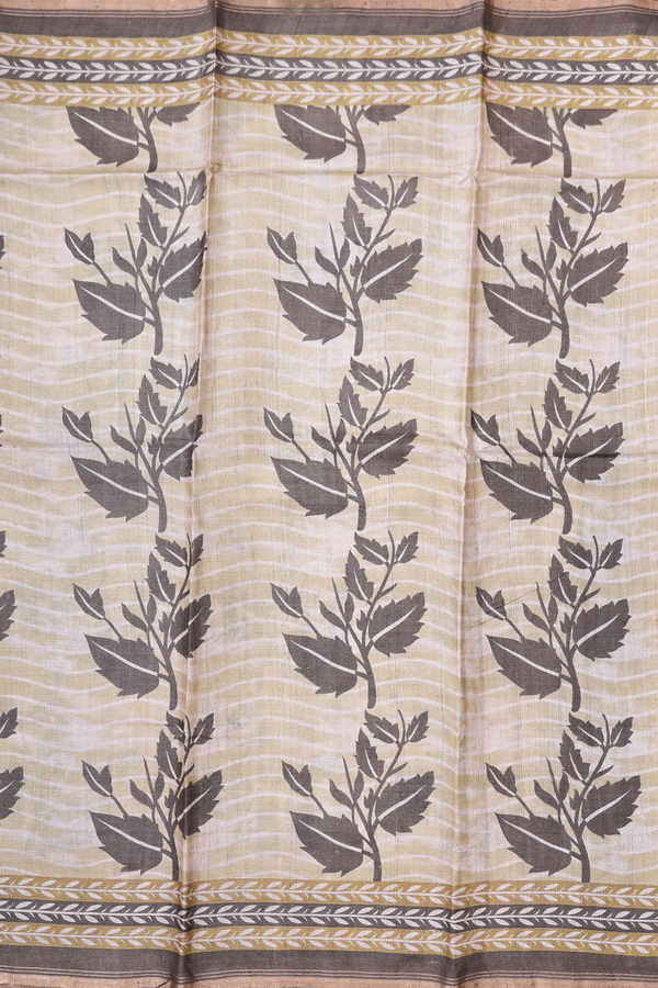 Tussar Silk Saree In Brown With Leaf Printed Design