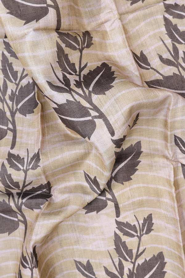 Tussar Silk Saree In Brown With Leaf Printed Design