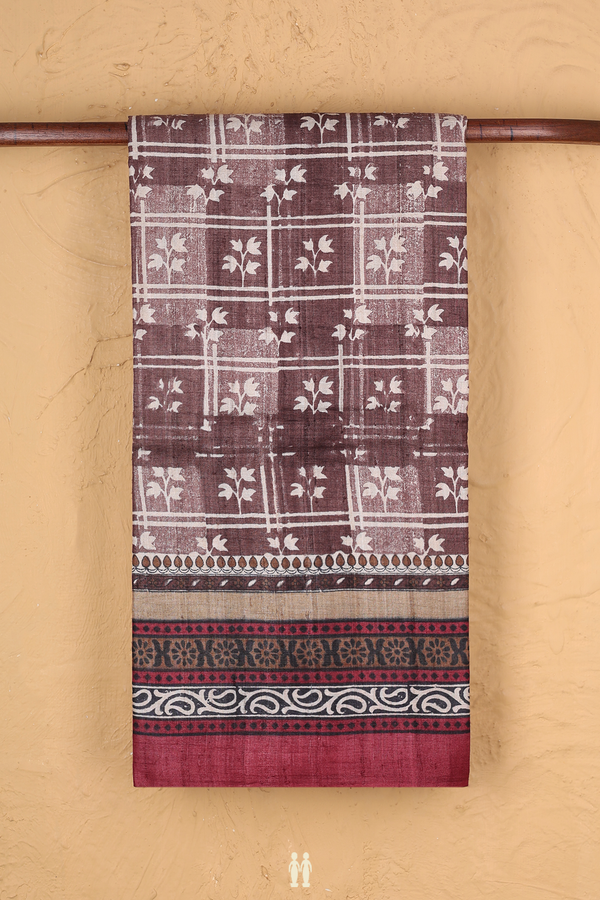 Tussar Silk Saree In Cocoa Brown With Printed Design
