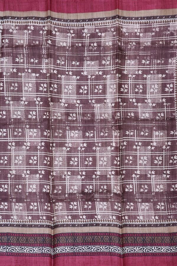 Tussar Silk Saree In Cocoa Brown With Printed Design