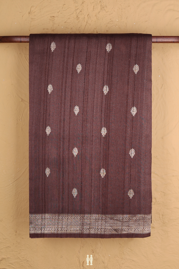 Tussar Silk Saree In Brown With Threadwork Buttas