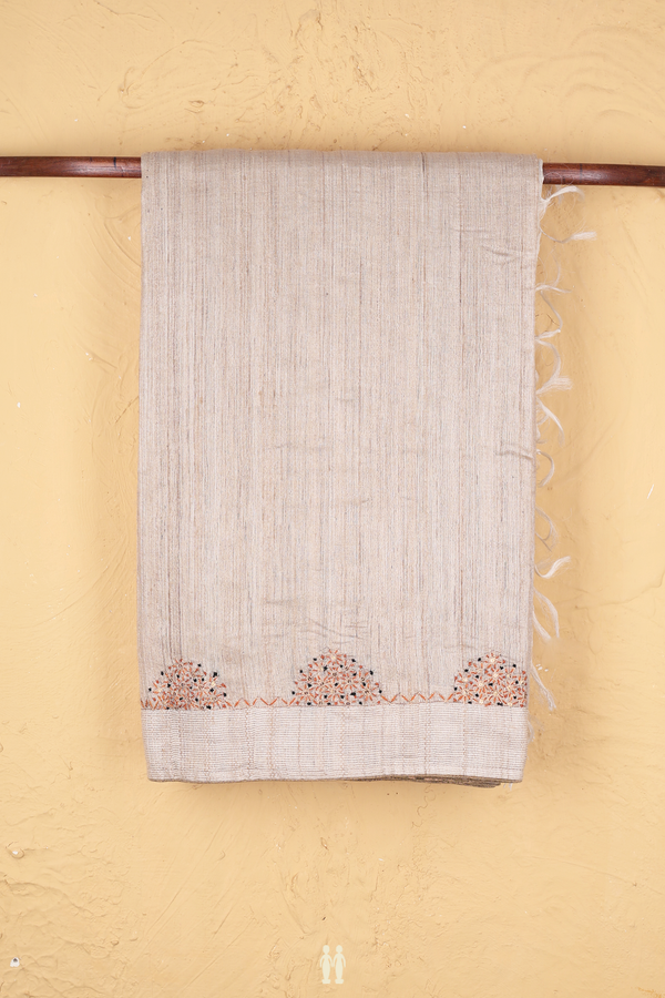 Tussar Silk Saree In Brownish Grey With Floral Border