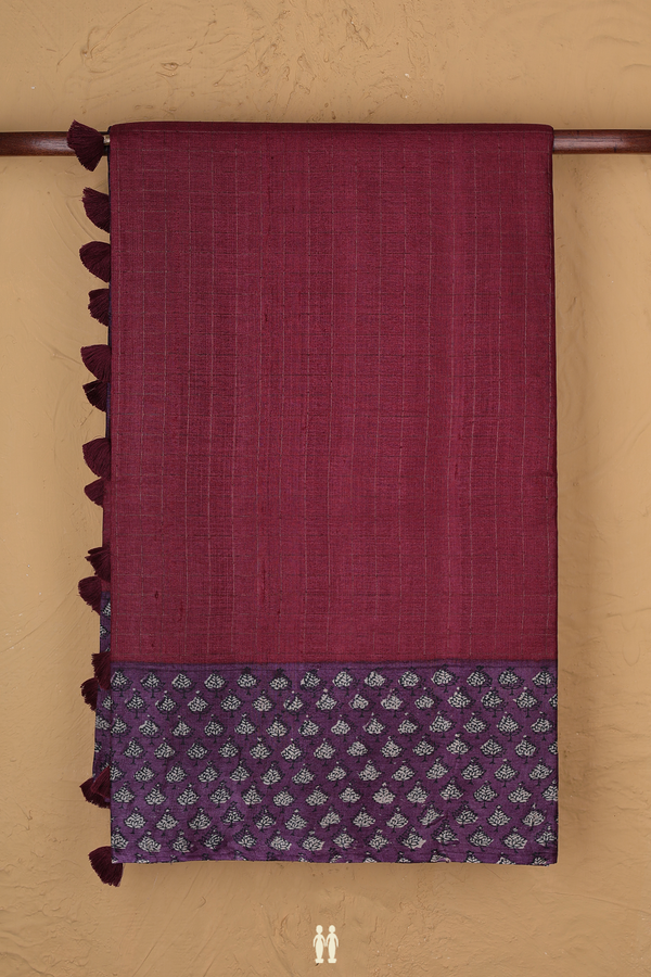 Tussar Silk Saree In Burgundy Red With Checks Design