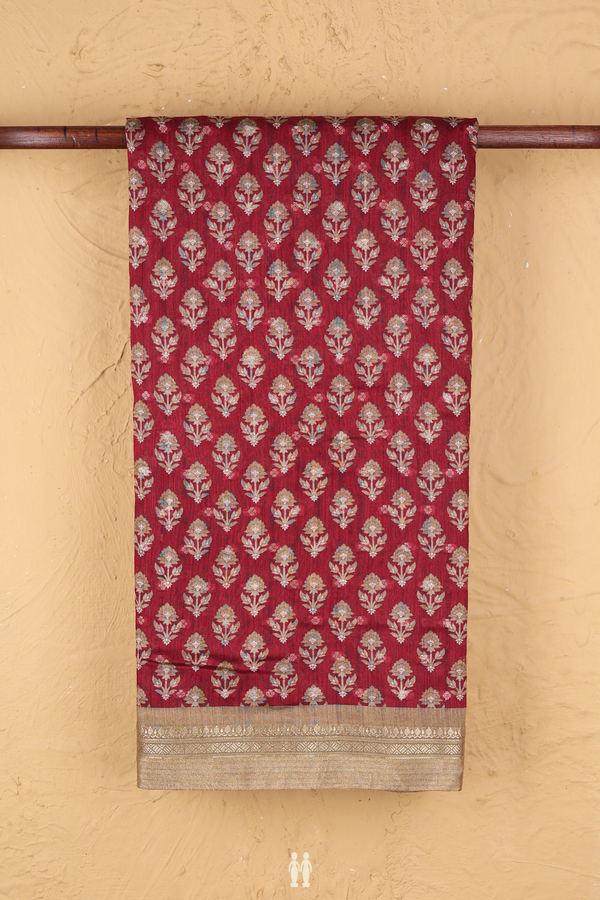 Tussar Silk Saree In Burgundy Red With Floral Design