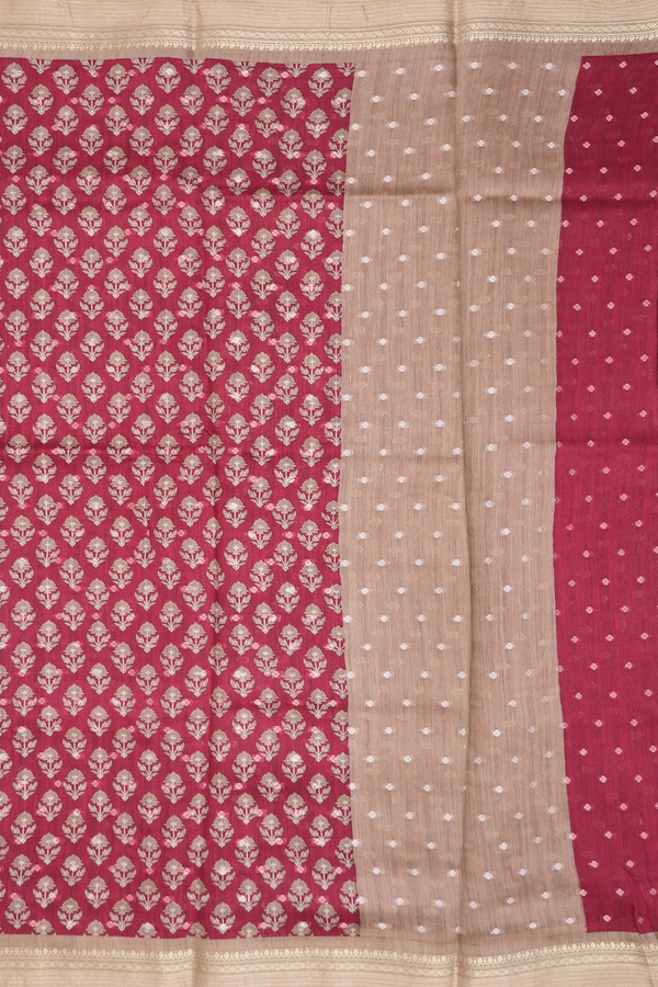 Tussar Silk Saree In Burgundy Red With Floral Design