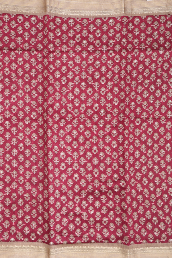 Tussar Silk Saree In Burgundy Red With Floral Design