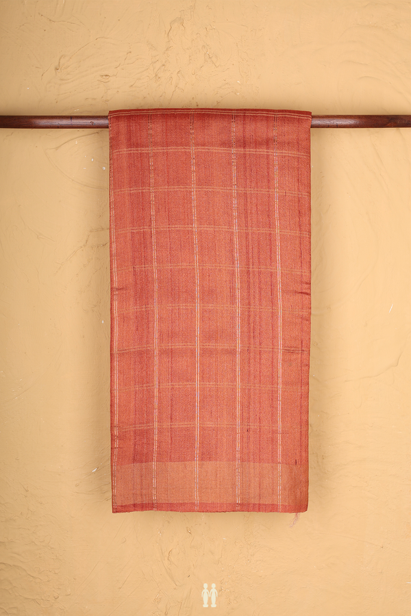 Tussar Silk Saree In Burnt Orange With Checks Design