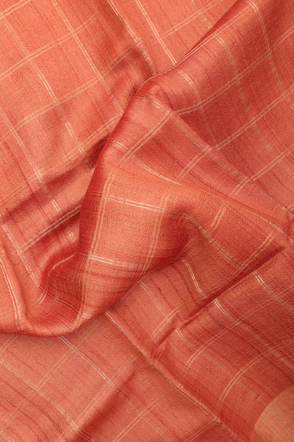 Tussar Silk Saree In Burnt Orange With Checks Design