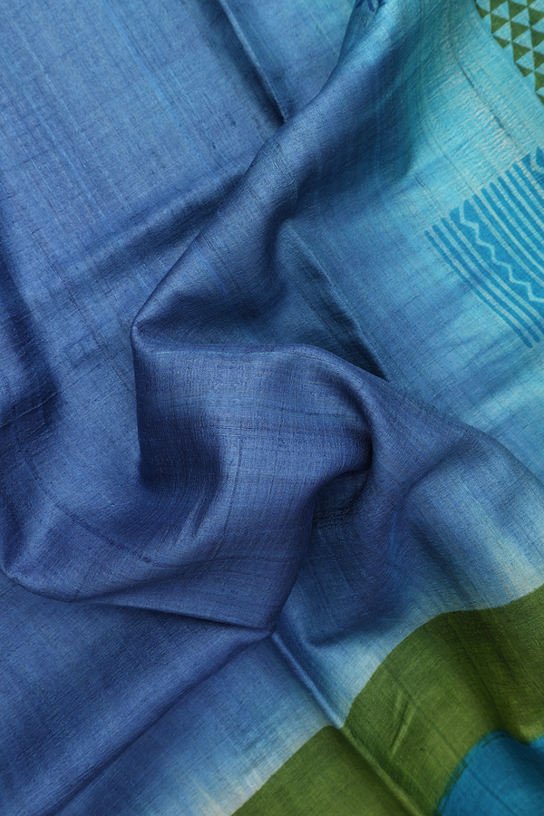 Tussar Silk Saree In Capri Blue With Contrast Border