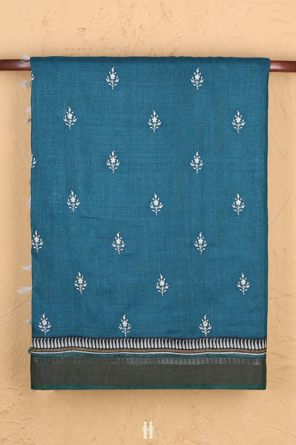 Tussar Silk Saree In Capri Blue With Embroidered Buttas