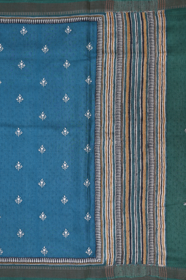 Tussar Silk Saree In Capri Blue With Embroidered Buttas