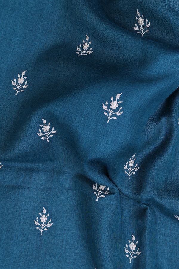 Tussar Silk Saree In Capri Blue With Embroidered Buttas